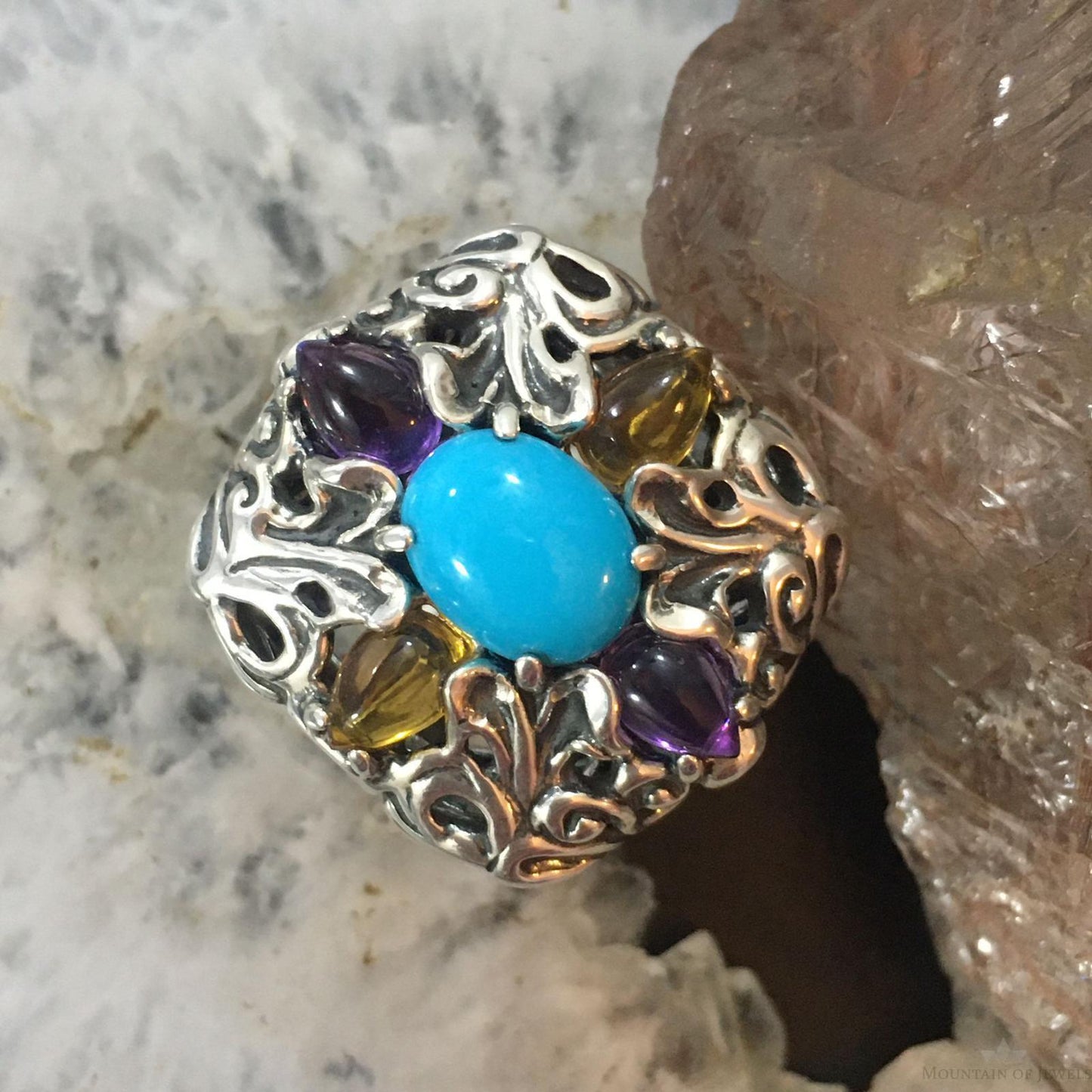 Carolyn Pollack Sterling Silver Multi Gemstone Heavy Decorated Ring For Women