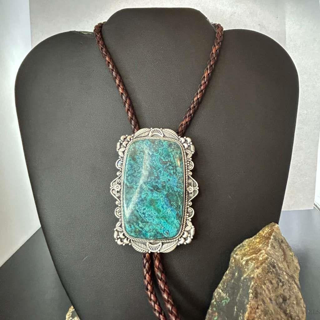 Sterling Silver Southwestern Style Large Shattuckite Decorated Bolo Tie For Men