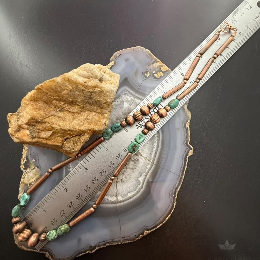 Southwestern Style 3-9.5mm Copper Navajo Pearl Round,Cylinder w/Carico Lake Turquoise 22" Necklace For Women