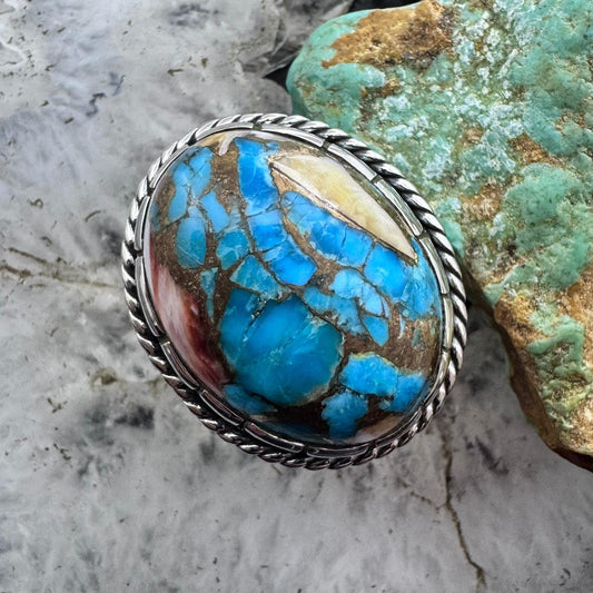Sterling Silver Southwestern Style Oval Composite Spiny Oyster Turquoise Ring Size 8.5 For Women