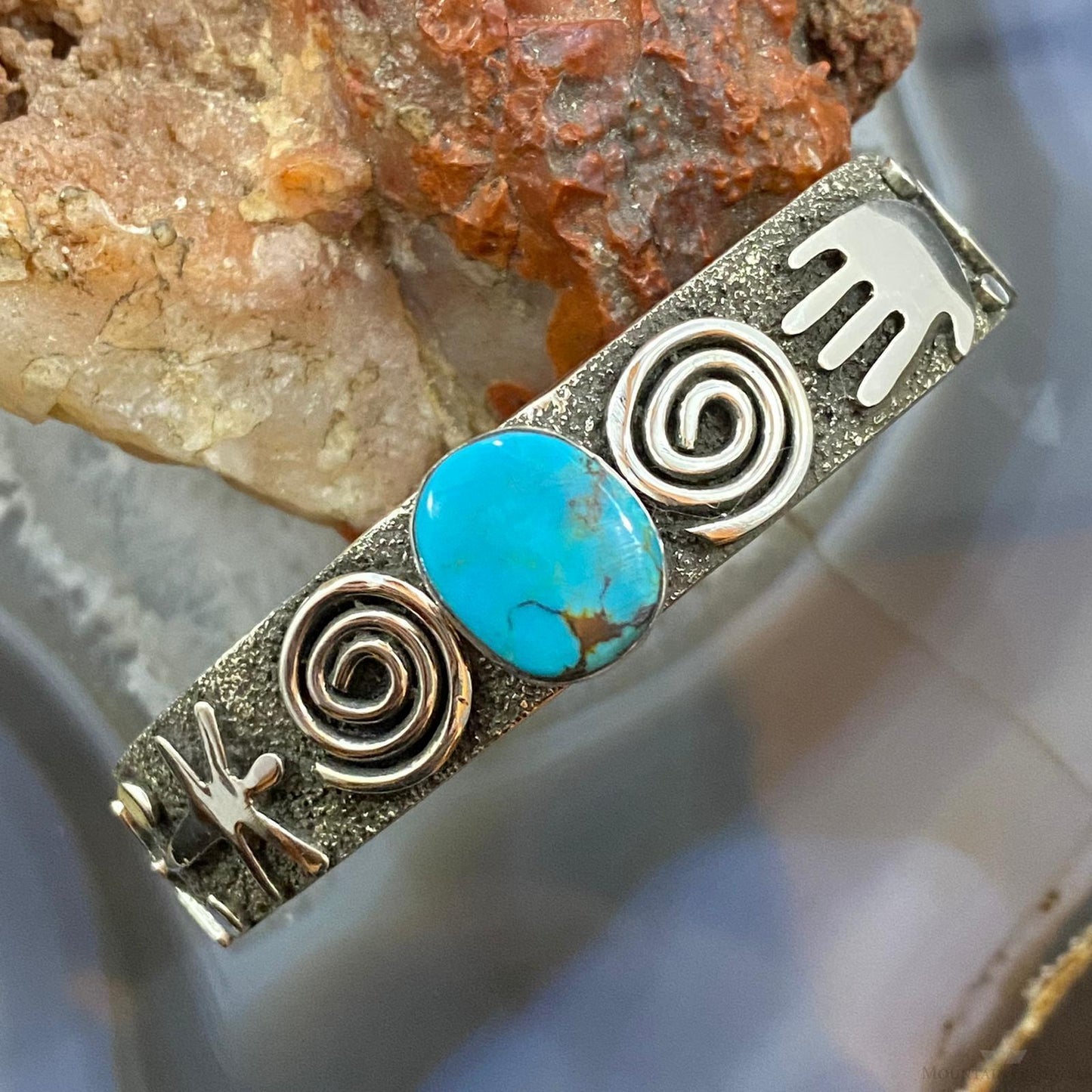 Alex Sanchez Native American Sterling Silver Turquoise Petroglyph Bracelet #2