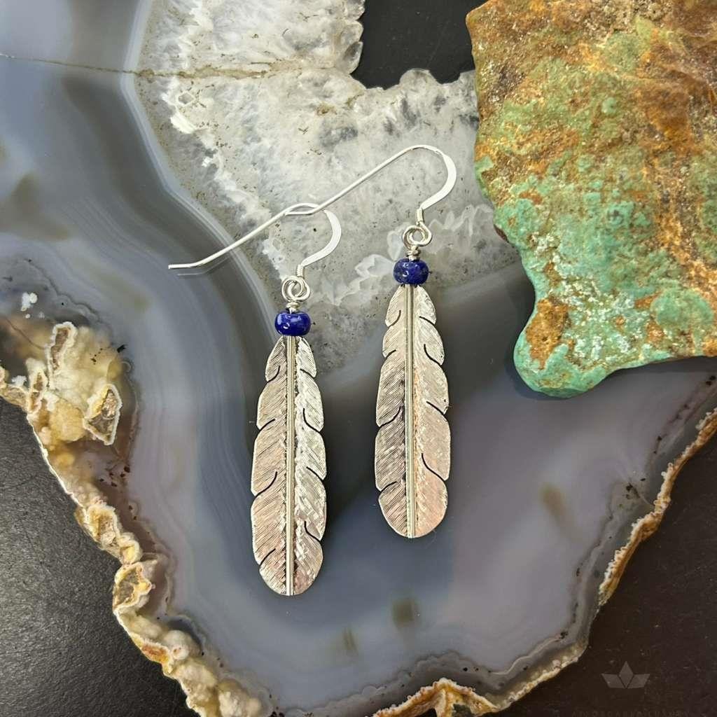 Anthony Gatewood Sterling Silver & Lapis Bead Feather Dangle Earrings For Women