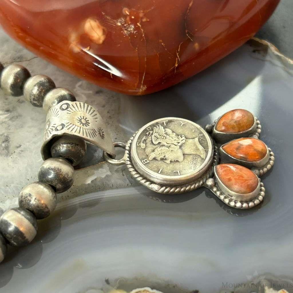 Genuine 1918 90% Silver Mercury Dime Coin w/Teardrop Orange Spiny Oyster Pendant