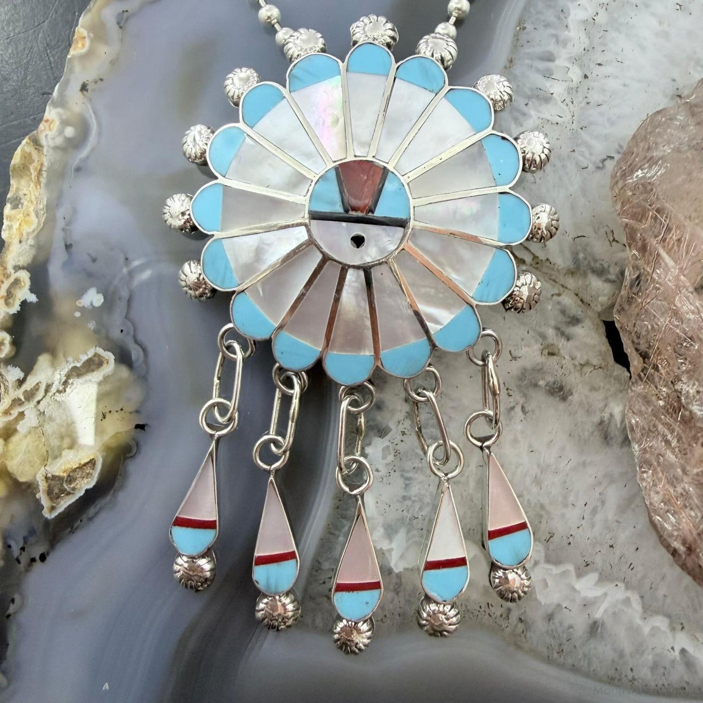 Abel Soseeah Zuni Native American Sterling Silver Inlay Sunface Pendant/Brooch For Women