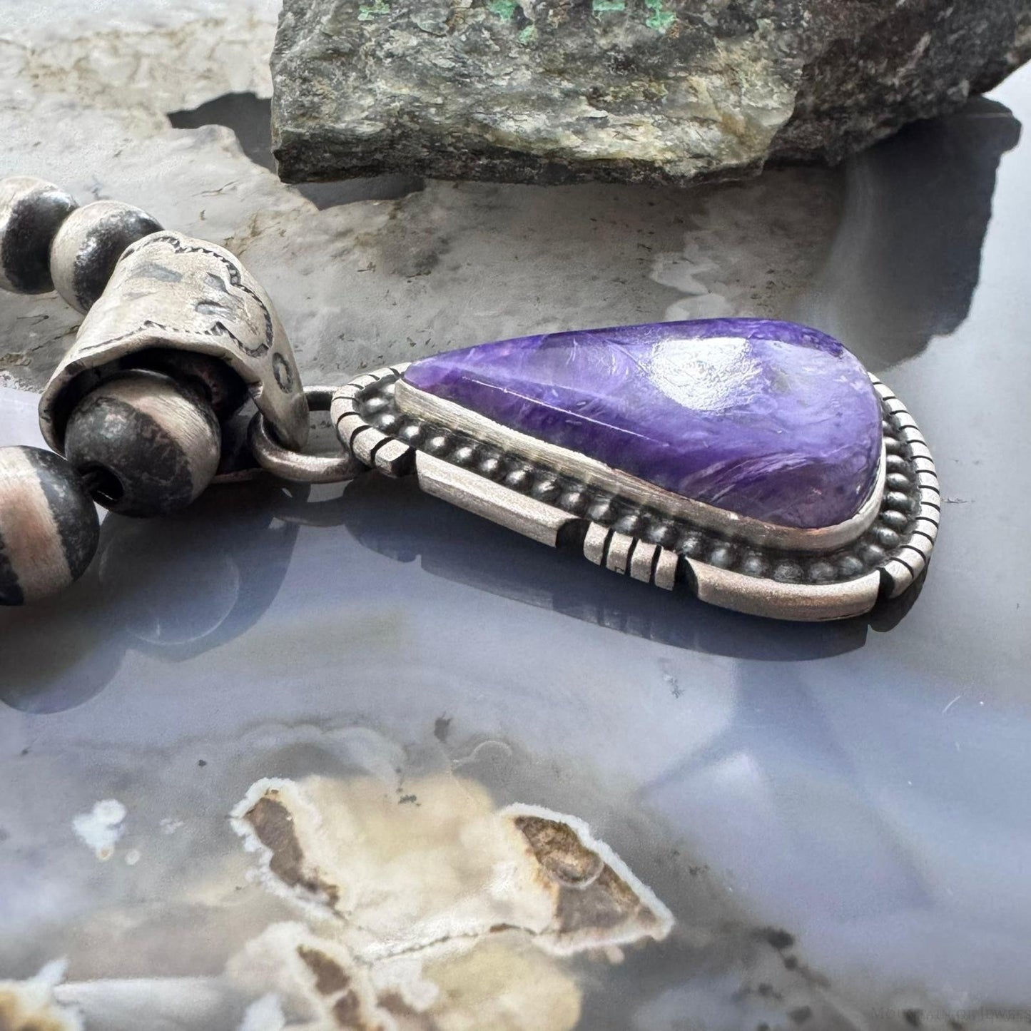 Native American Sterling Silver Triangle Charoite Decorated Pendant For Women