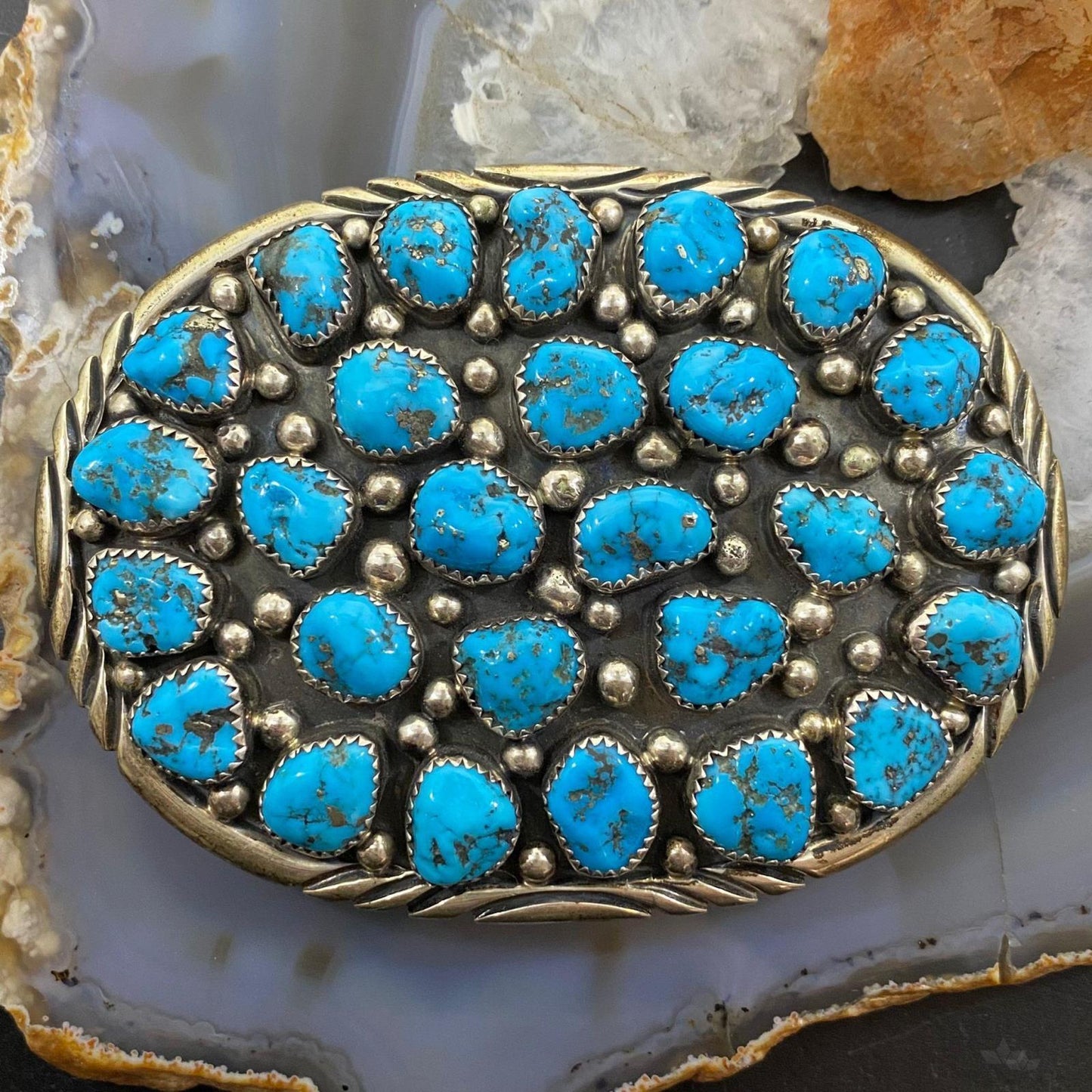 Vintage Harry Spencer Navajo Sterling Silver Multi Turquoise Stamped Belt Buckle