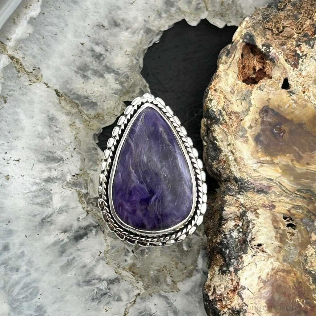 Sterling Silver Southwestern Style Teardrop Charoite Ring Size 7 For Women