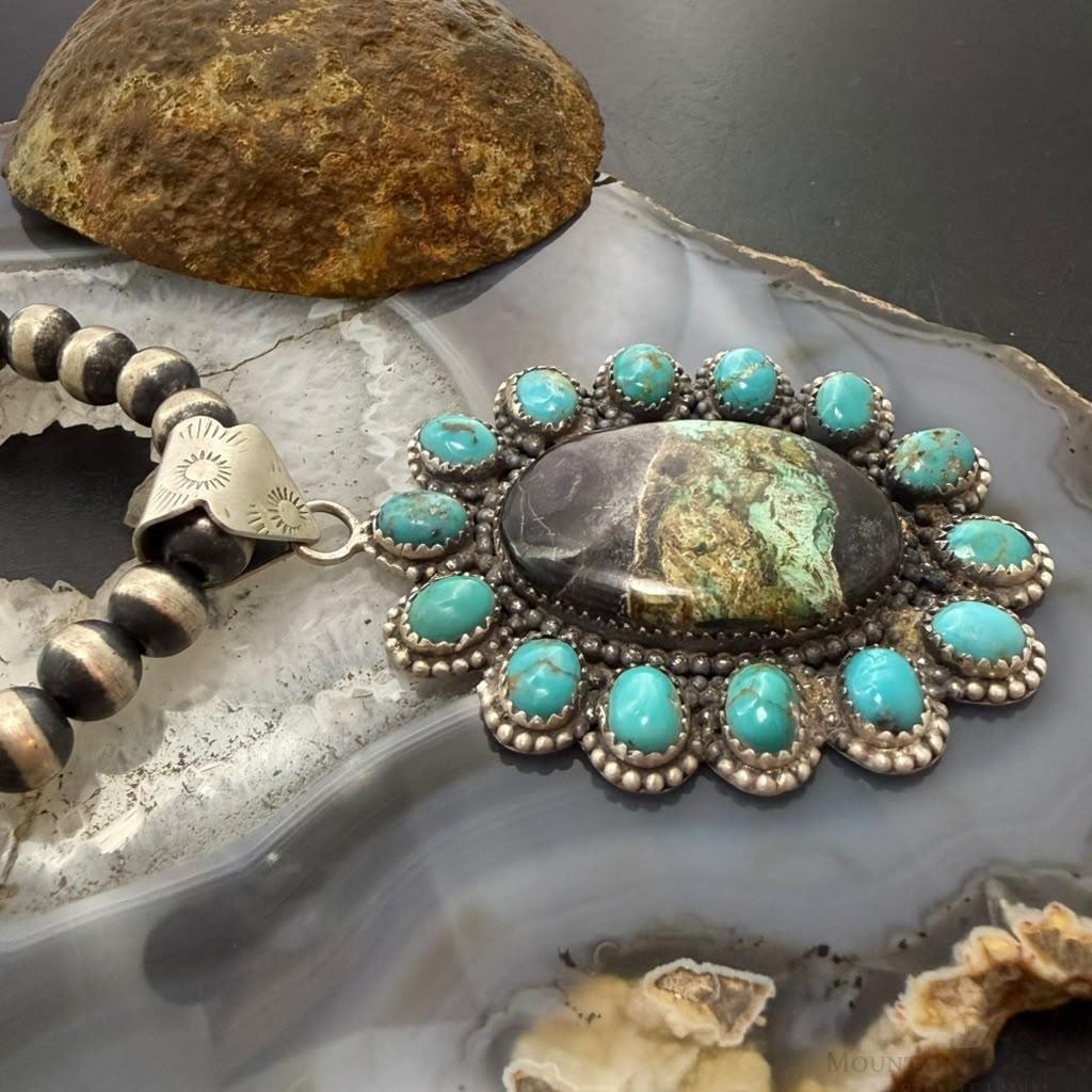 Sterling Silver Southwestern Style Blackjack & Kingman Turquoise Pendant For Women