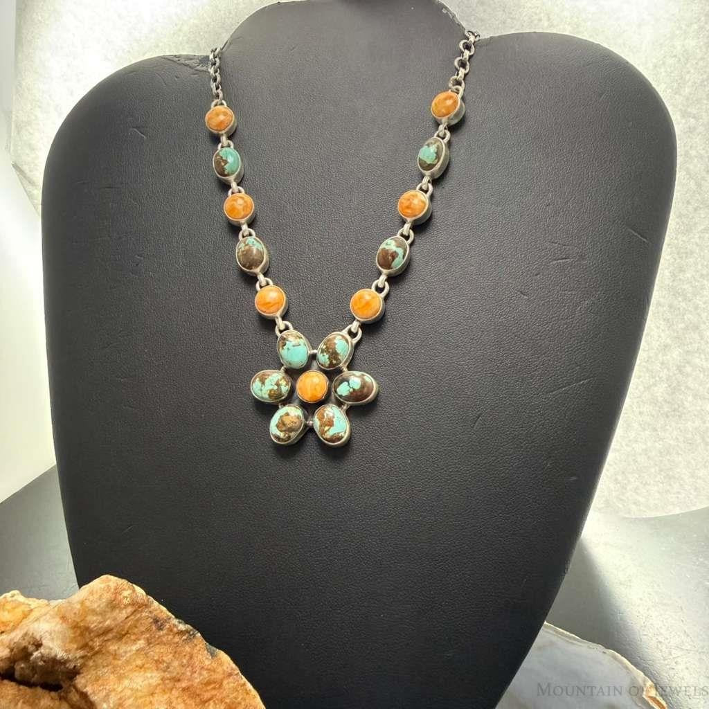 Sterling Silver Southwestern Style Turquoise & Spiny Oyster 21" Necklace For Women