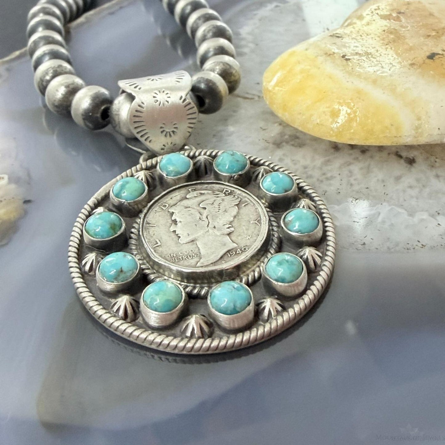 Genuine 1940 90% Silver Mercury Dime Coin w/Mohave Turquoise Unisex Pendant