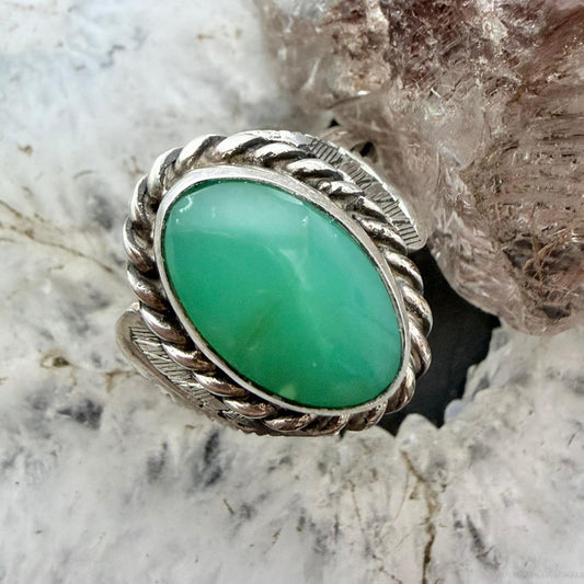 Sterling Silver Southwestern Style Oval Green Chalcedony Decorated Ring Size 8.5 For Women