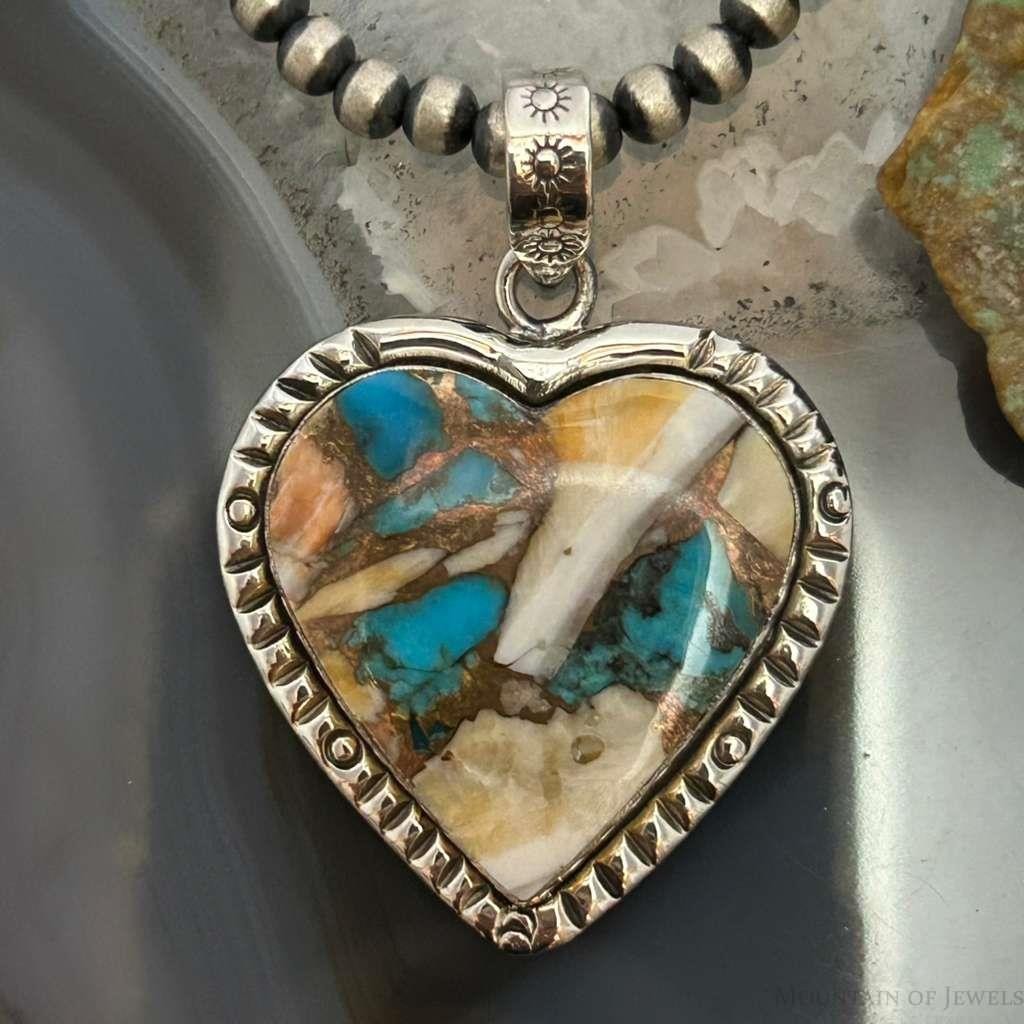 Sterling Silver Southwestern Style Turquoise Spiny Oyster Heart Pendant For Women #3