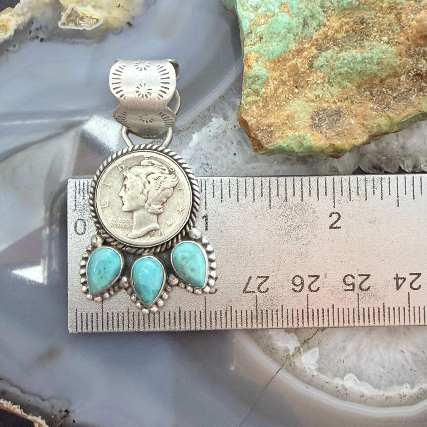Genuine 1943 90% Silver Mercury Dime Coin w/Teardrop Turquoise Decorated Pendant