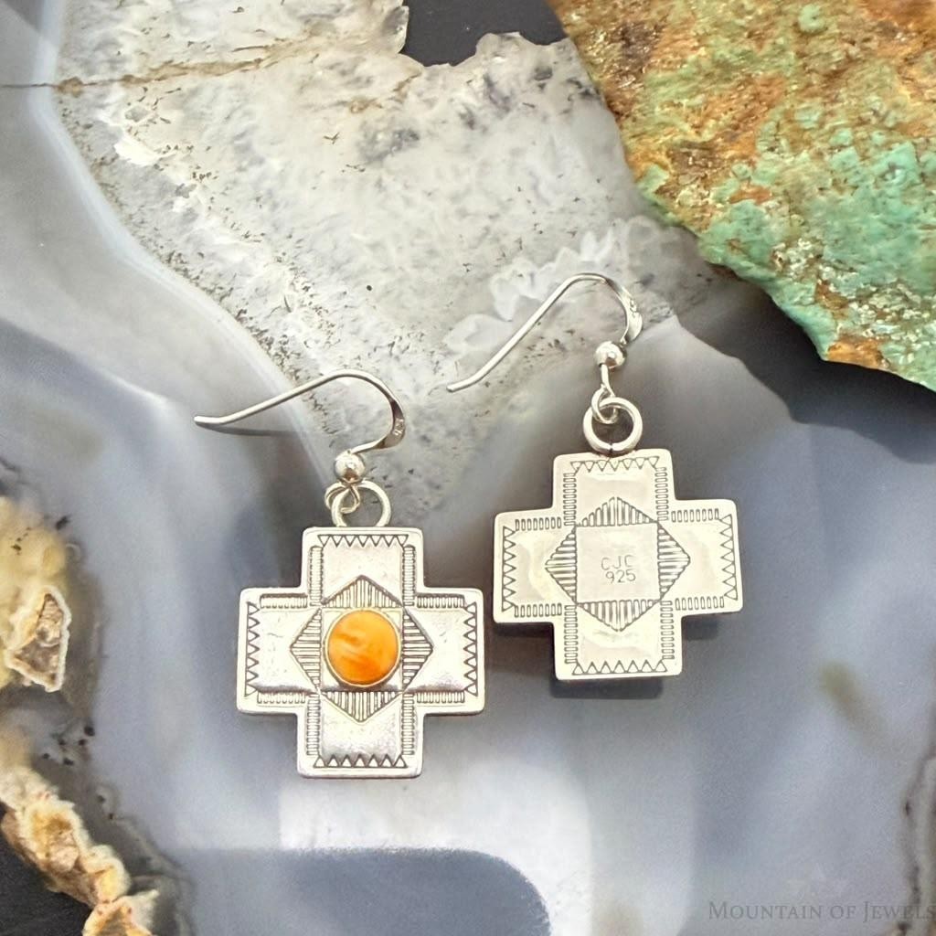 Vintage Signed Sterling Silver Spiny Oyster Stamped Cross Dangle Earrings For Women