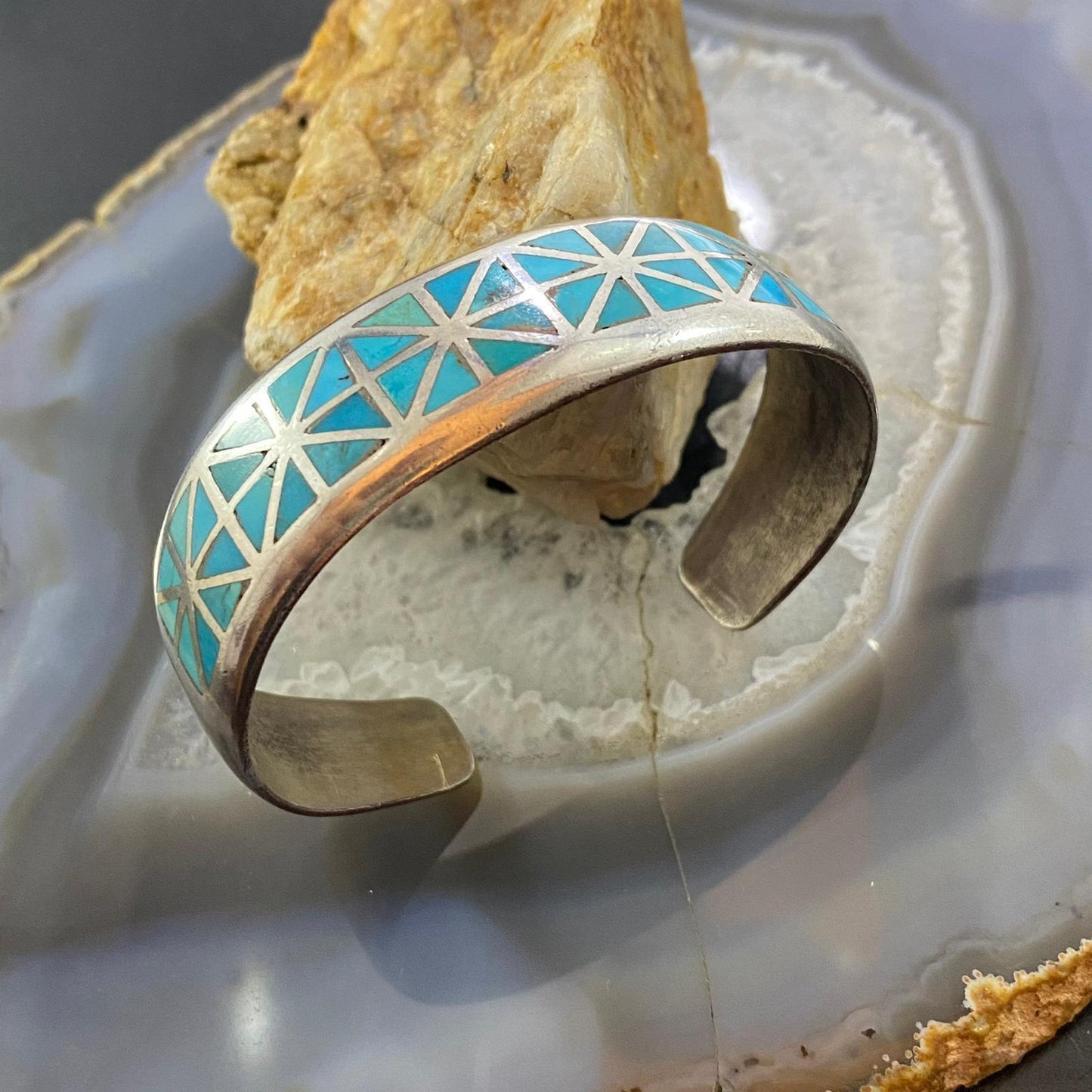 Vintage Native American Silver Geometric Turquoise Inlay Bracelet For Women