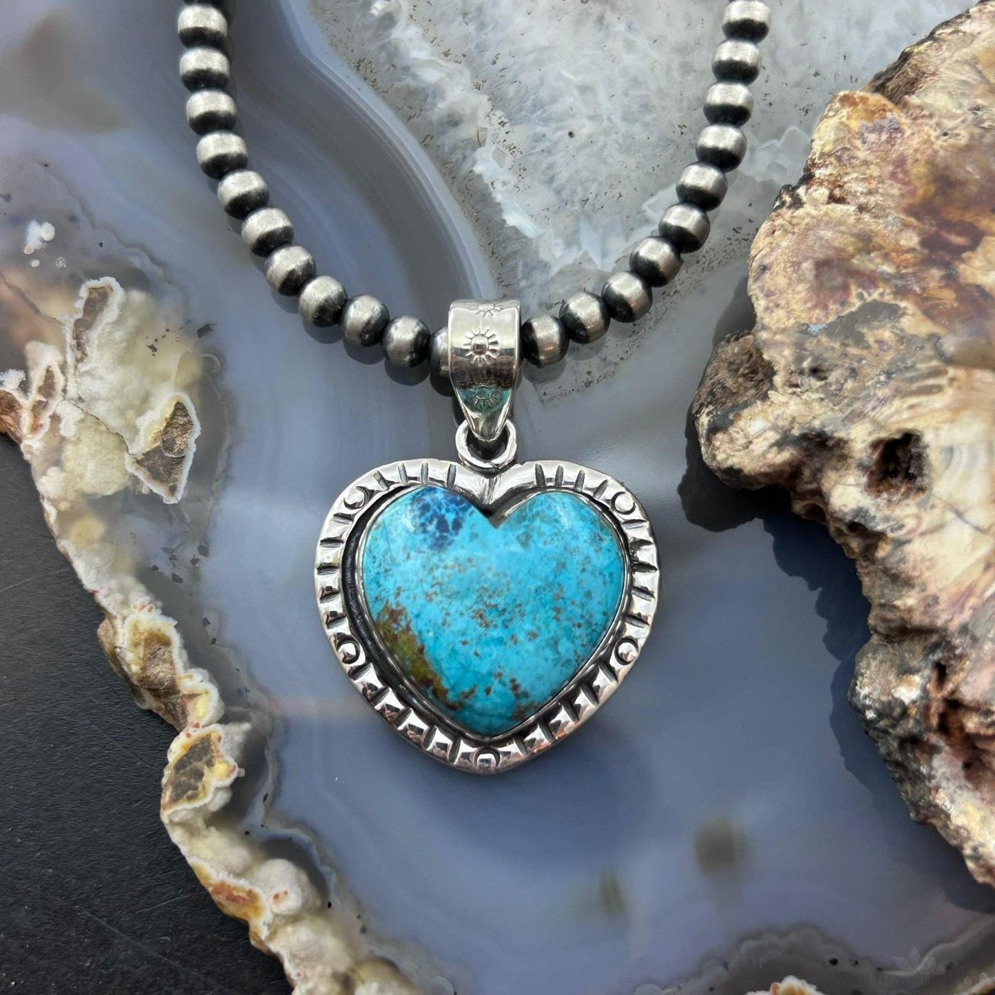 Sterling Silver Southwestern Style Chrysocolla Decorated Heart Pendant For Women