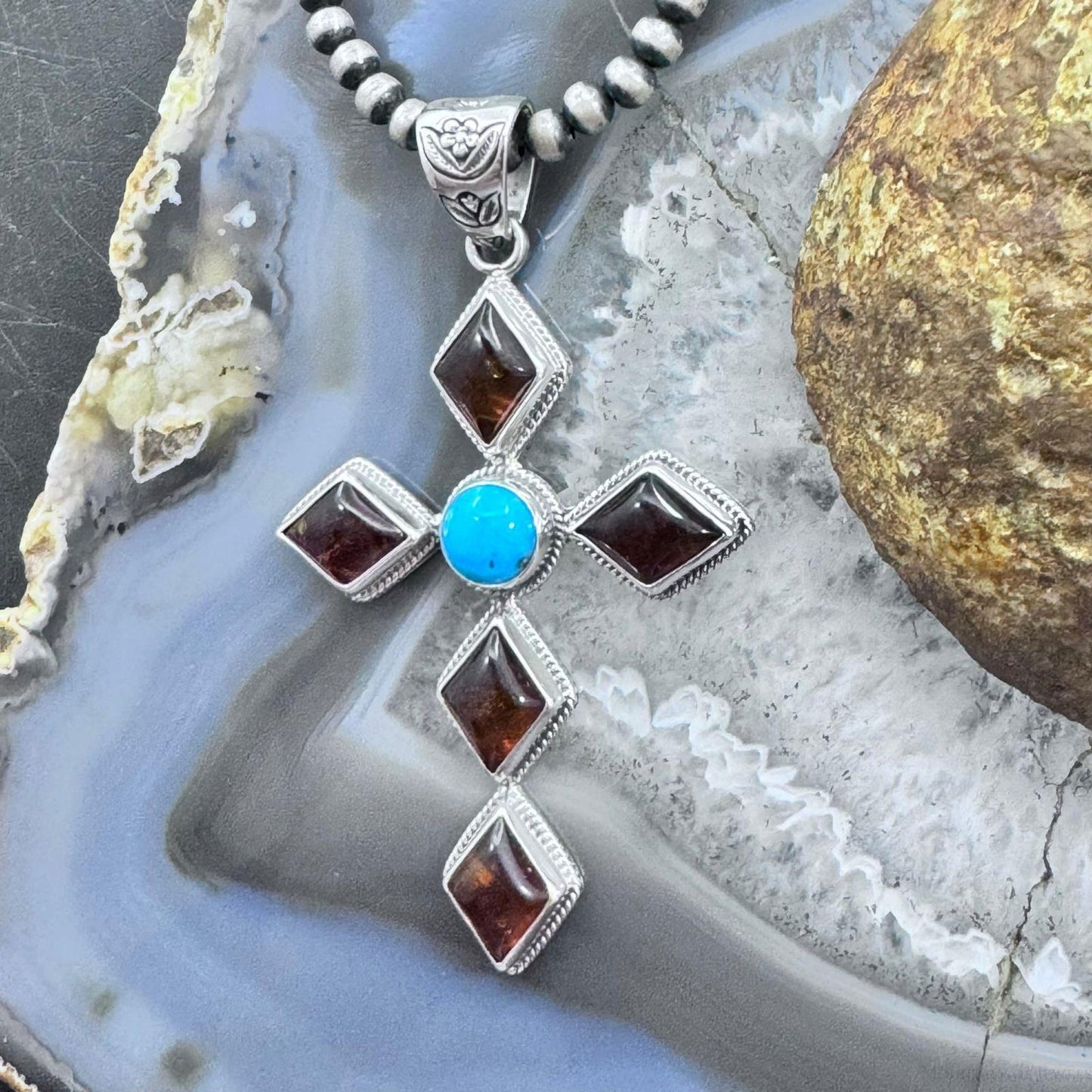 Native American Sterling Silver Turquoise & Amber Diamond Shape Cross Pendant For Women