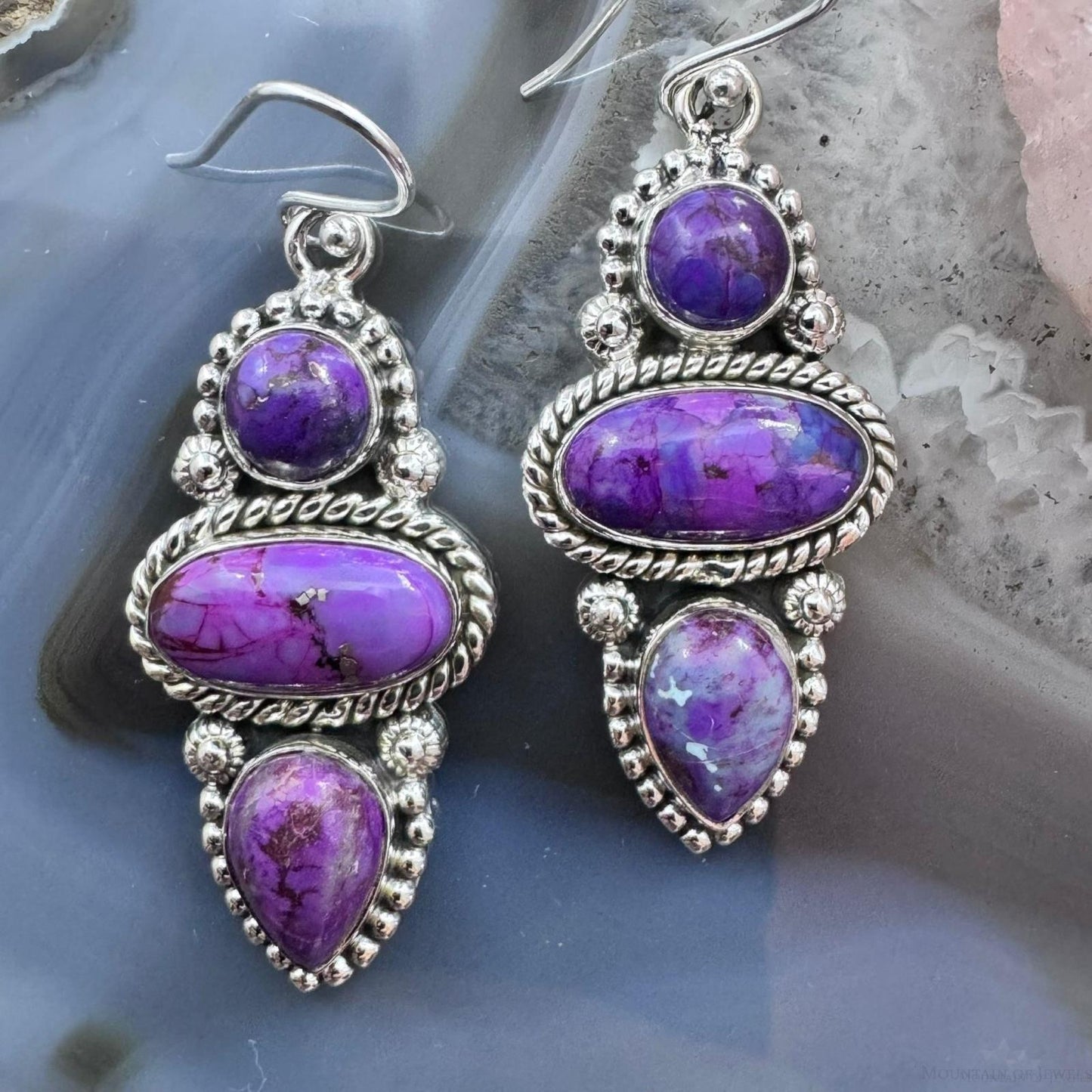 Sterling Silver Southwestern Style 3 Purple Dahlia Decorated Dangle Earrings For Women