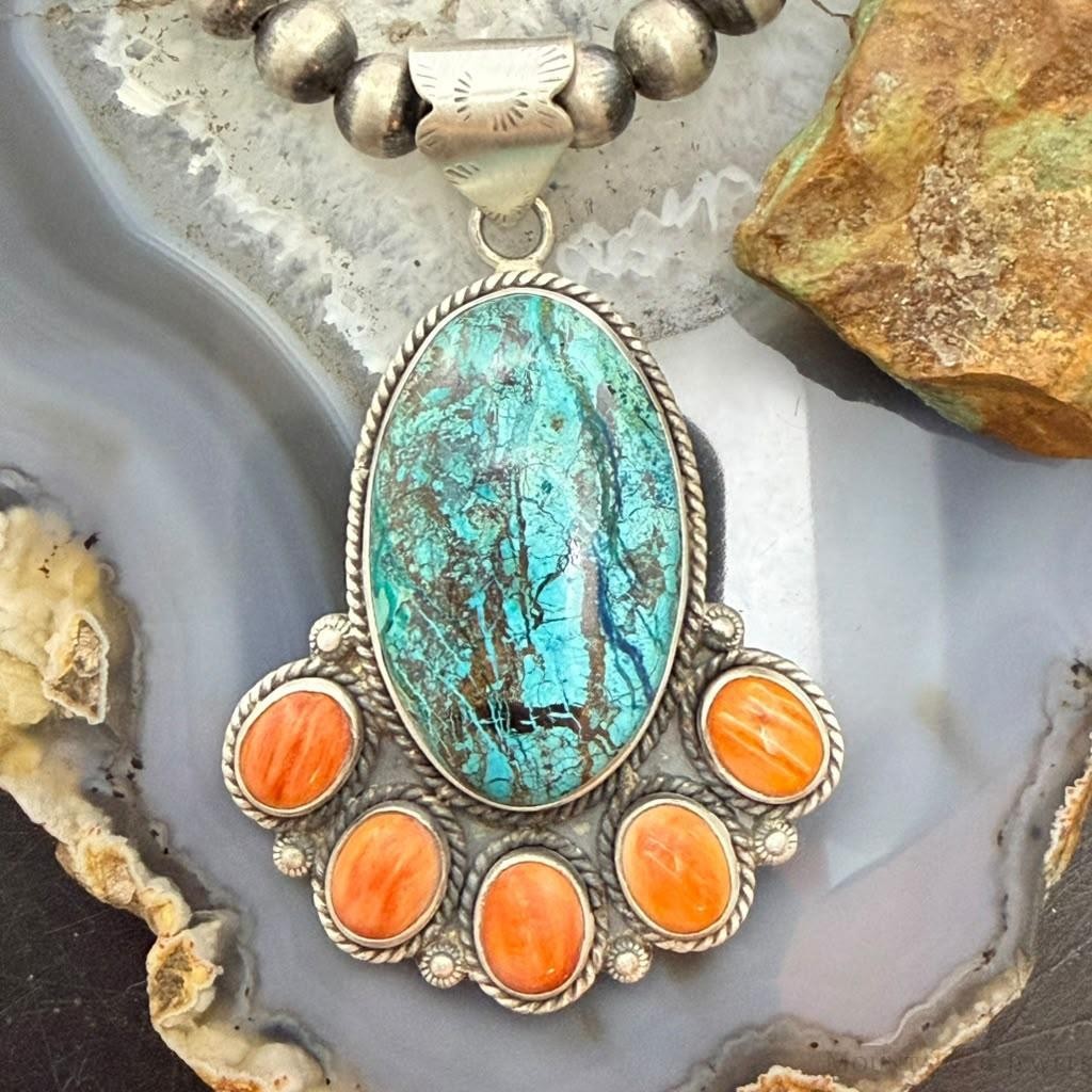 Sterling Silver Southwestern Style Azurite Malachite & Spiny Oyster Decorated Pendant