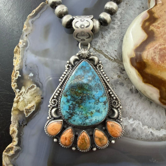 Sterling Silver Southwestern Style Teardrop Turquoise & Spiny Oyster Pendant For Women