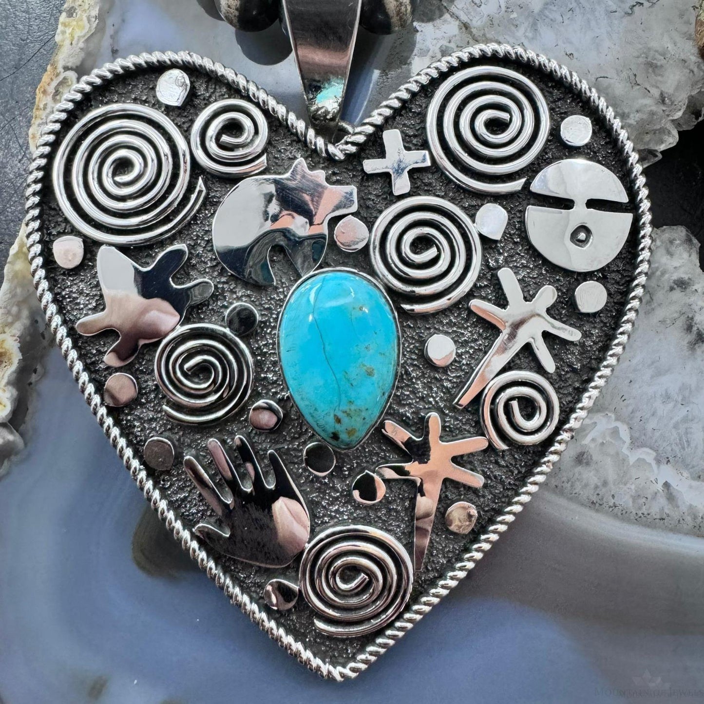 Alex Sanchez Sterling Silver Turquoise Petroglyph Heart Shape Pendant For Women