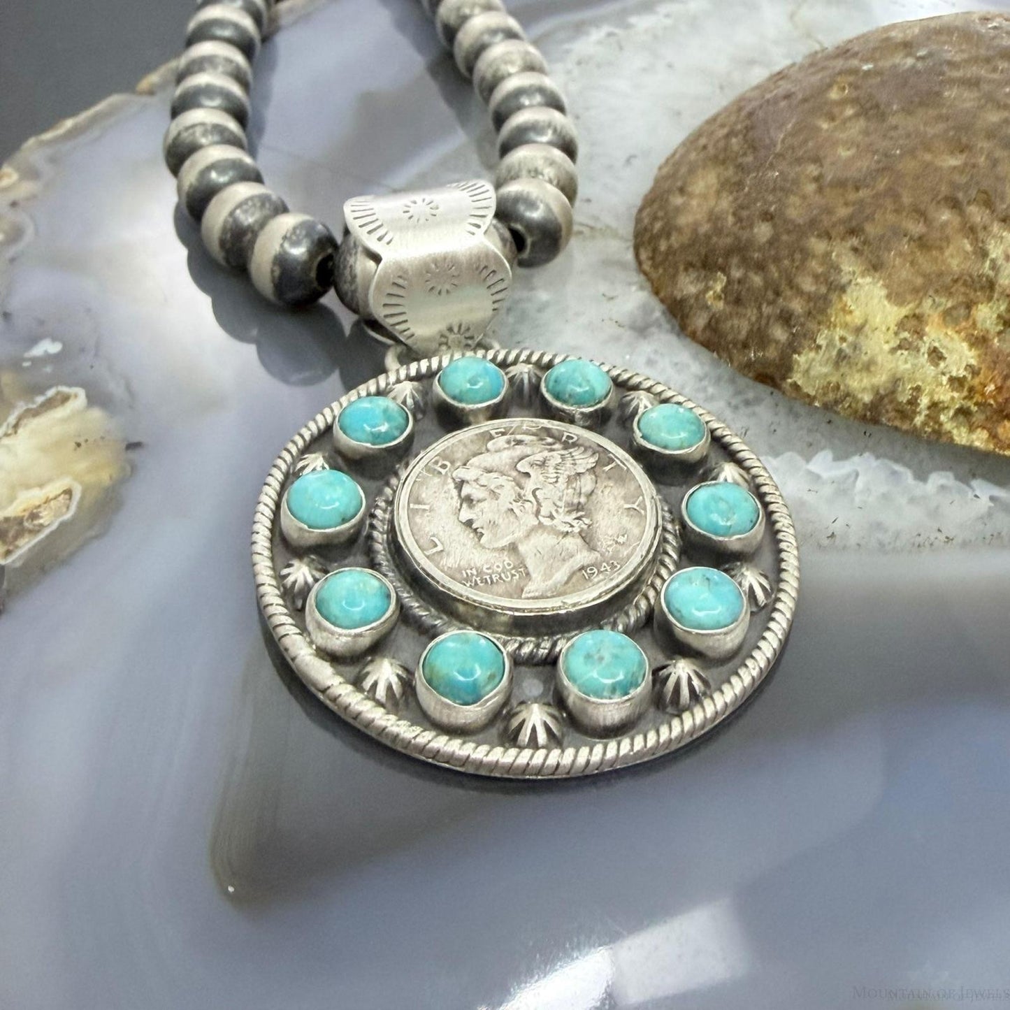 Genuine 1943 90% Silver Mercury Dime Coin w/Mohave Turquoise Unisex Pendant