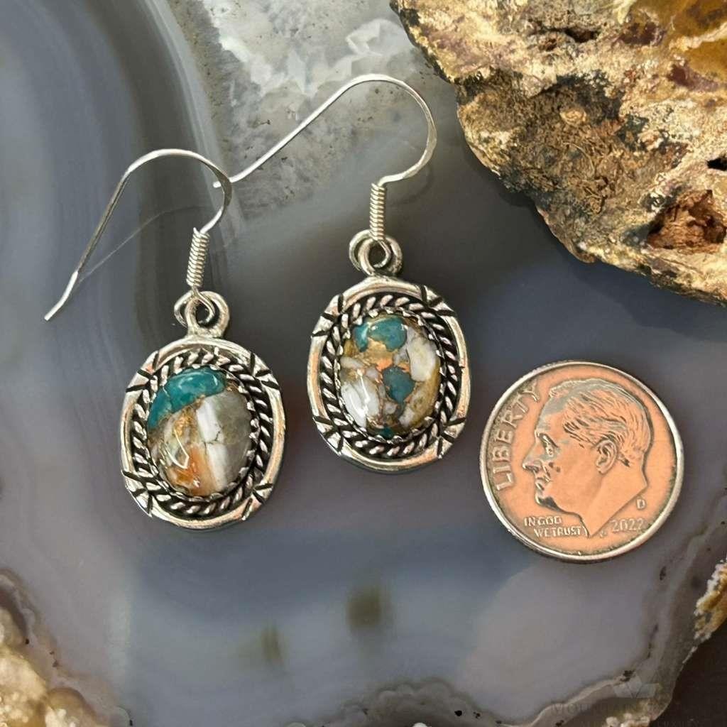 Sterling Silver Southwestern Style Spiny Oyster Turquoise Dangle Earrings For Women #3