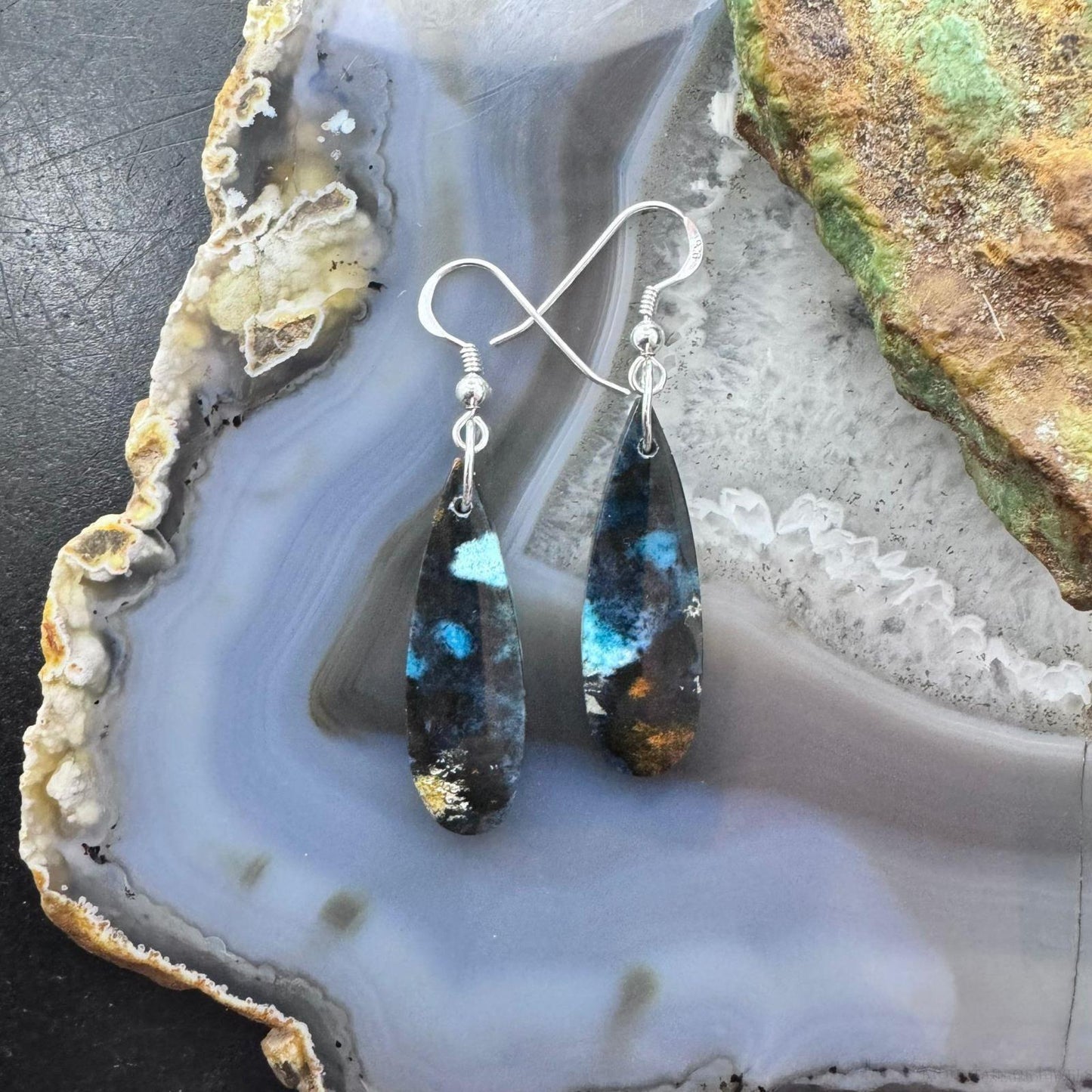 Sterling Silver Elongated Teardrop Chrysocolla Slab Dangle Earrings For Women #226