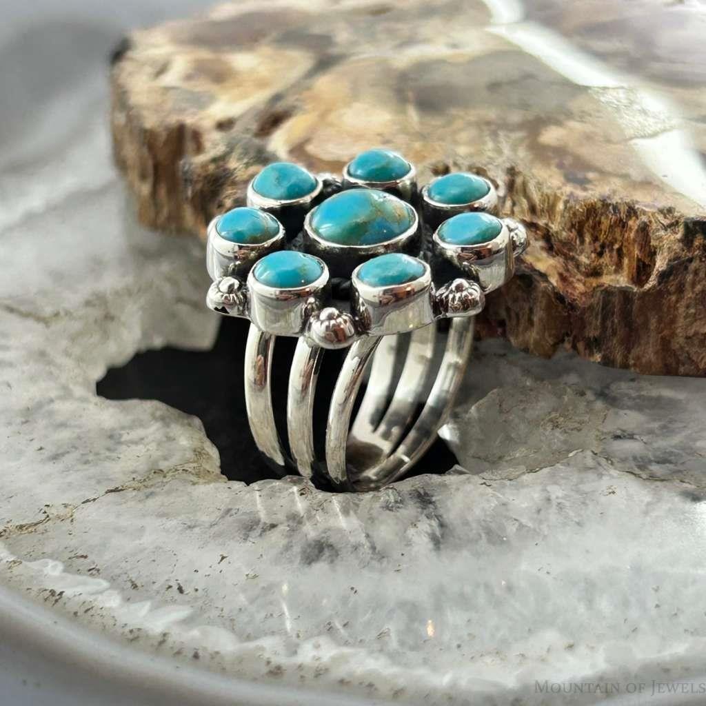 Sterling Silver Southwestern Style Mohave Turquoise Cluster Ring Size 8 For Women