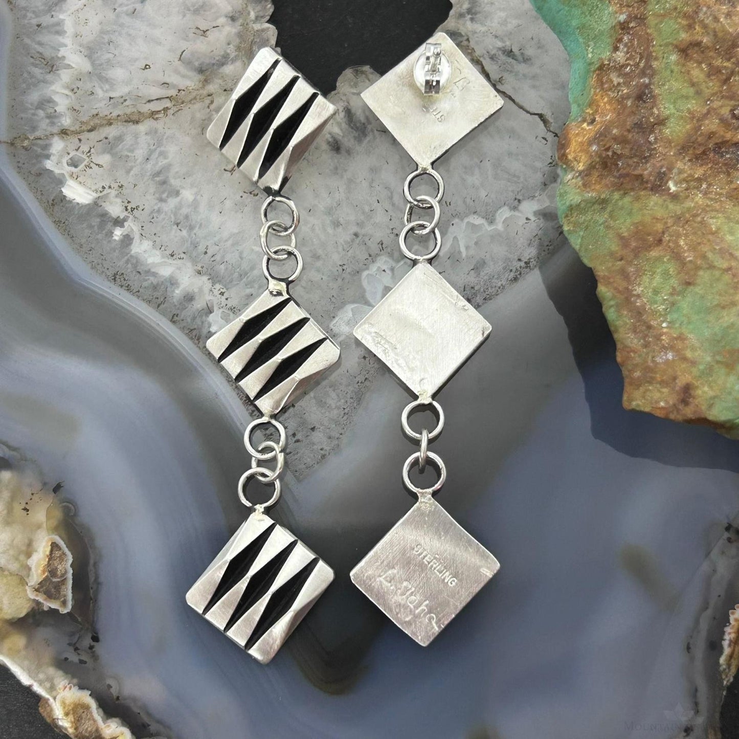 Leander Tahe Native American Sterling Silver 3 Square 3D Geometric Dangle Earrings For Women