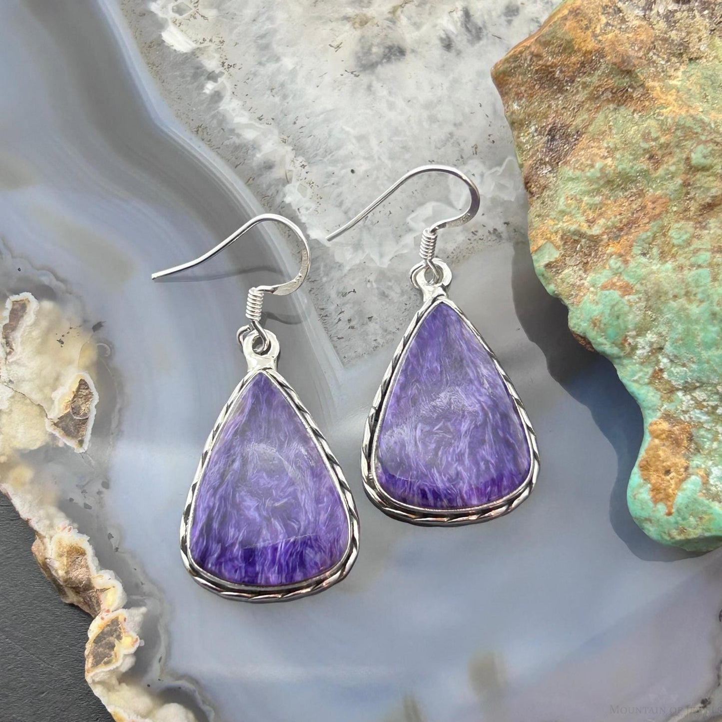 Sterling Silver Southwestern Style Teardrop Charoite Dangle Earrings For Women