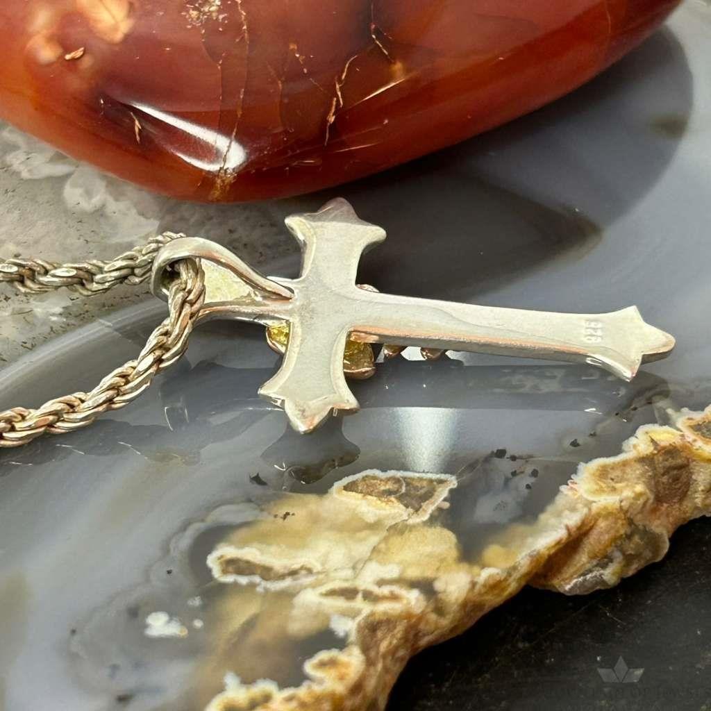 Sterling Silver Hammered Decorated Cross Pendant with Copper Rose For Women