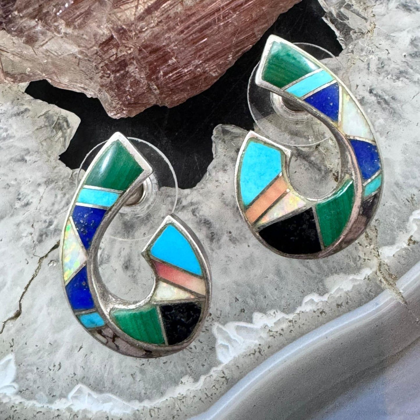 Vintage Native American Sterling Silver Multistone Inlay Post Earrings For Women