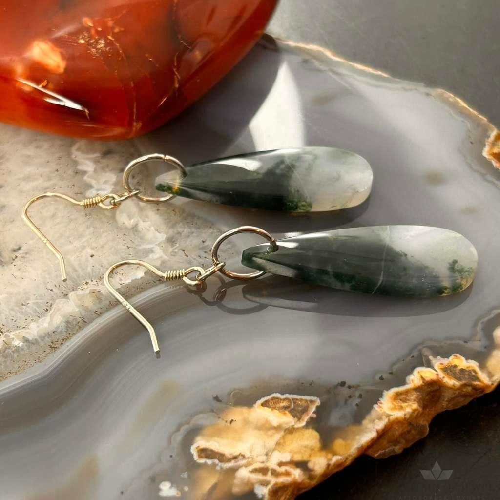 Sterling Silver Elongated Teardrop Moss Agate Slab Dangle Earrings For Women #328