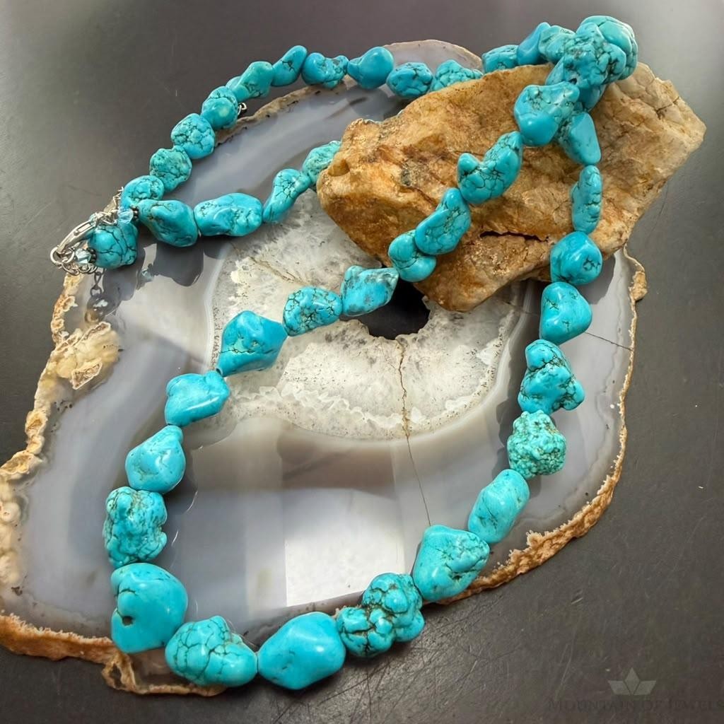 Vintage Native American Rough Natural Turquoise 29" Necklace For Women