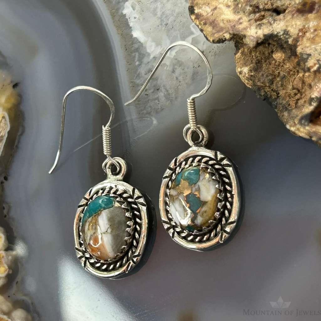 Sterling Silver Southwestern Style Spiny Oyster Turquoise Dangle Earrings For Women #3