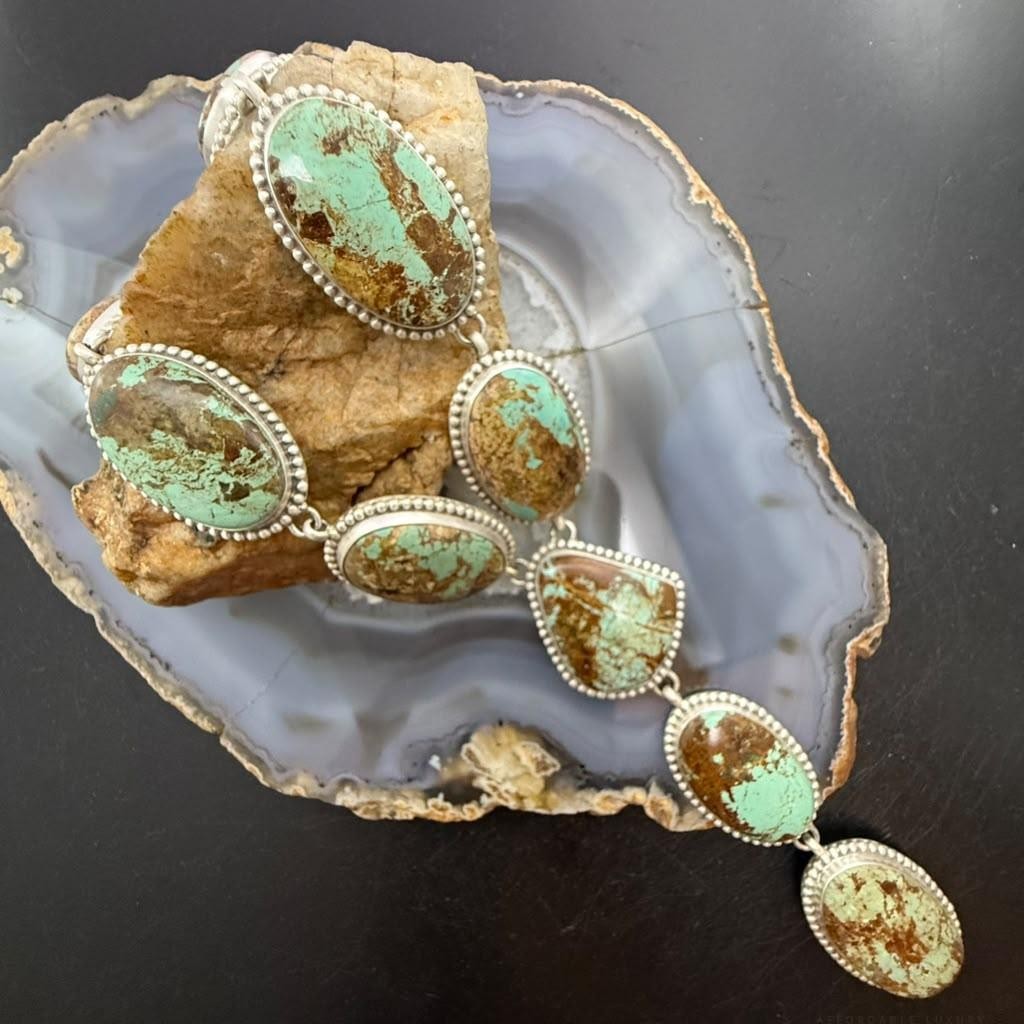 Sterling Silver Southwestern Style Montezuma Turquoise Lariat Necklace For Women