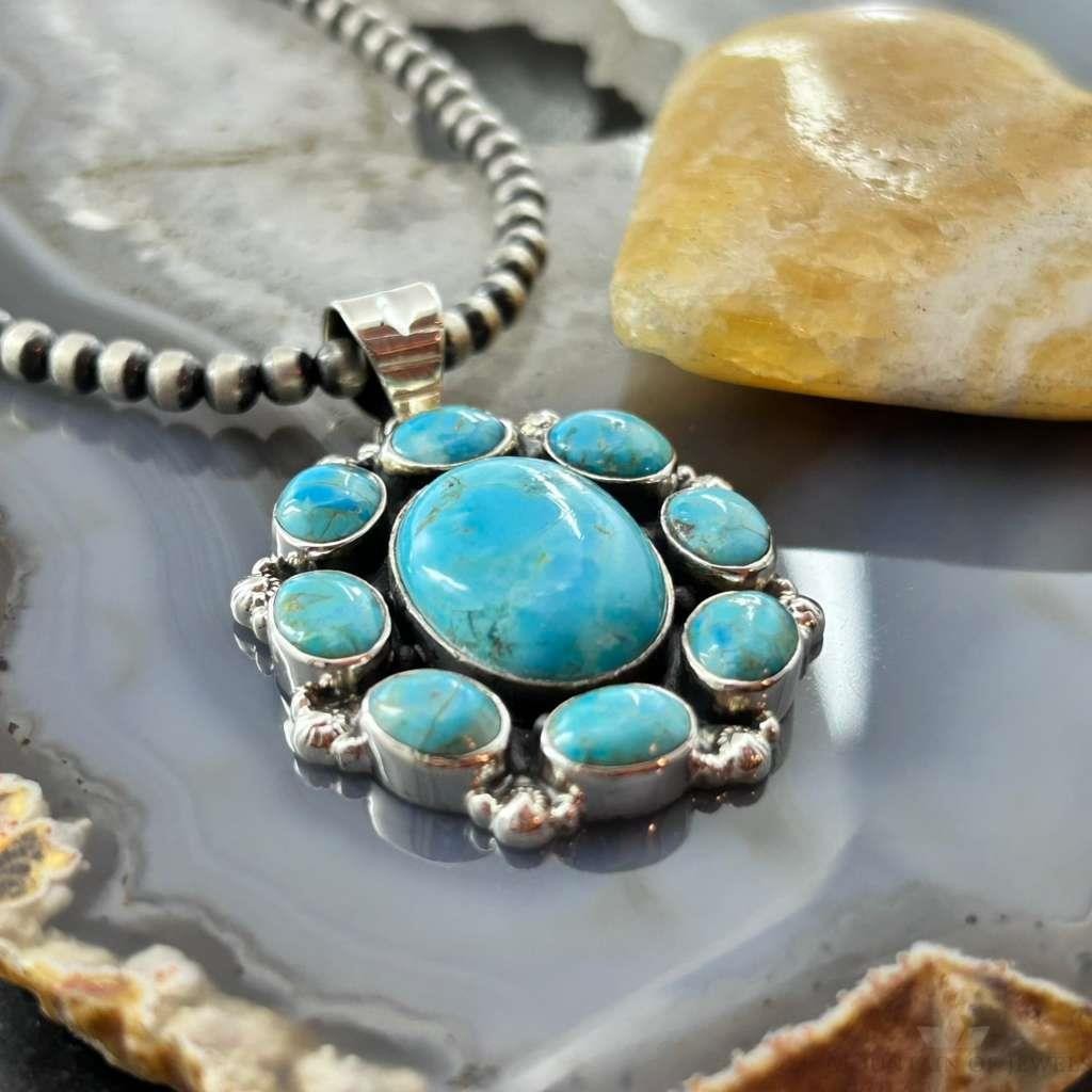 Sterling Silver Southwestern Style Mohave Turquoise Cluster Pendant For Women