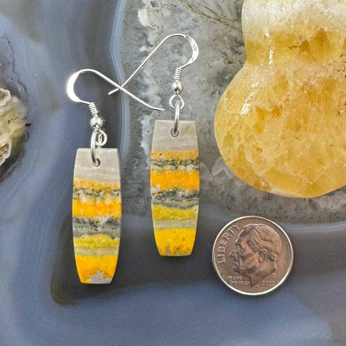 Sterling Silver Elongated Barrel Bumblebee Jasper Slab Dangle Earrings For Women #204