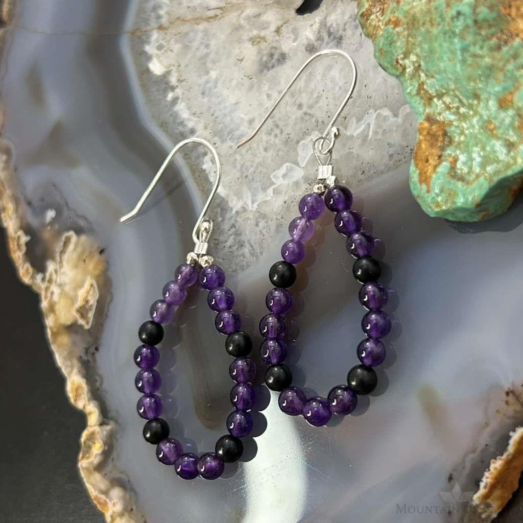Sterling Silver Amethyst Beads Hoop Dangle Earrings For Women