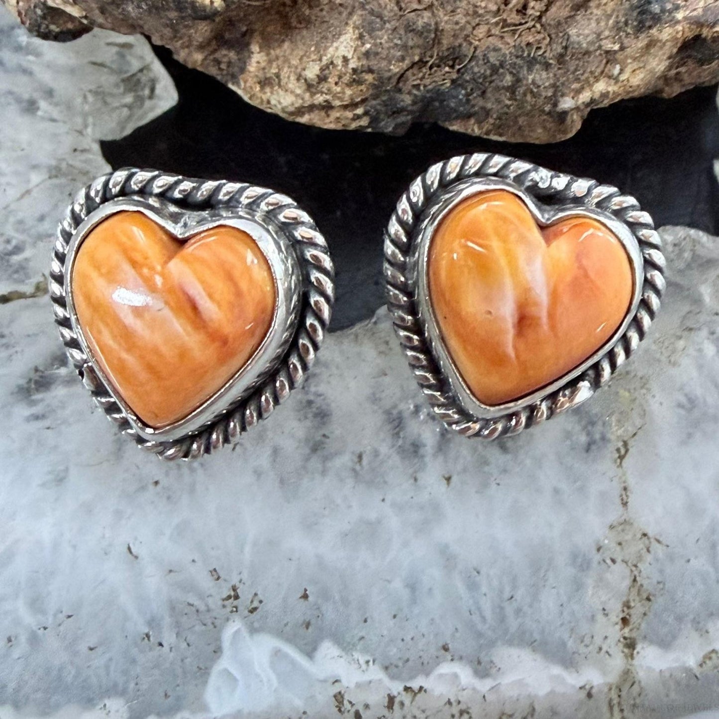 Native American Sterling Silver Orange Spiny Oyster Heart Post Earrings For Women