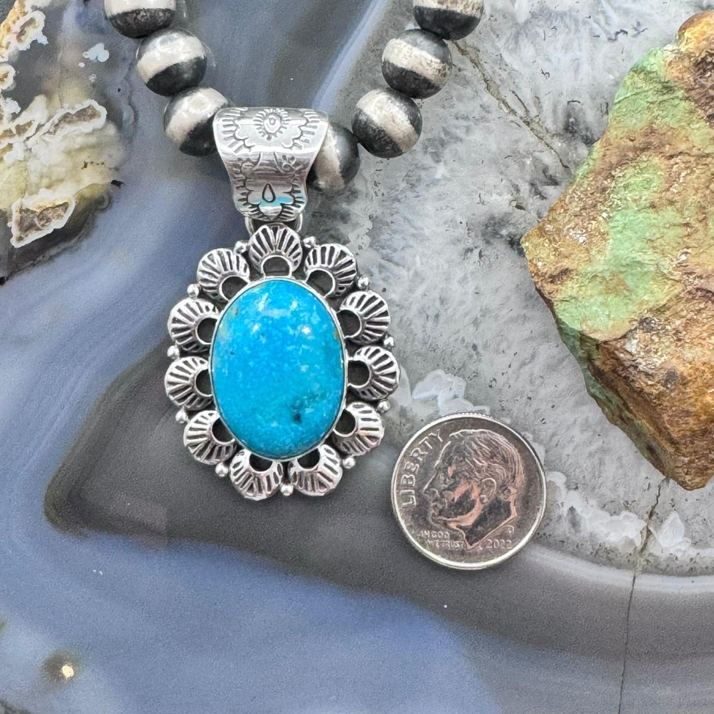 Native American Sterling Silver Oval Turquoise Decorated Pendant For Women