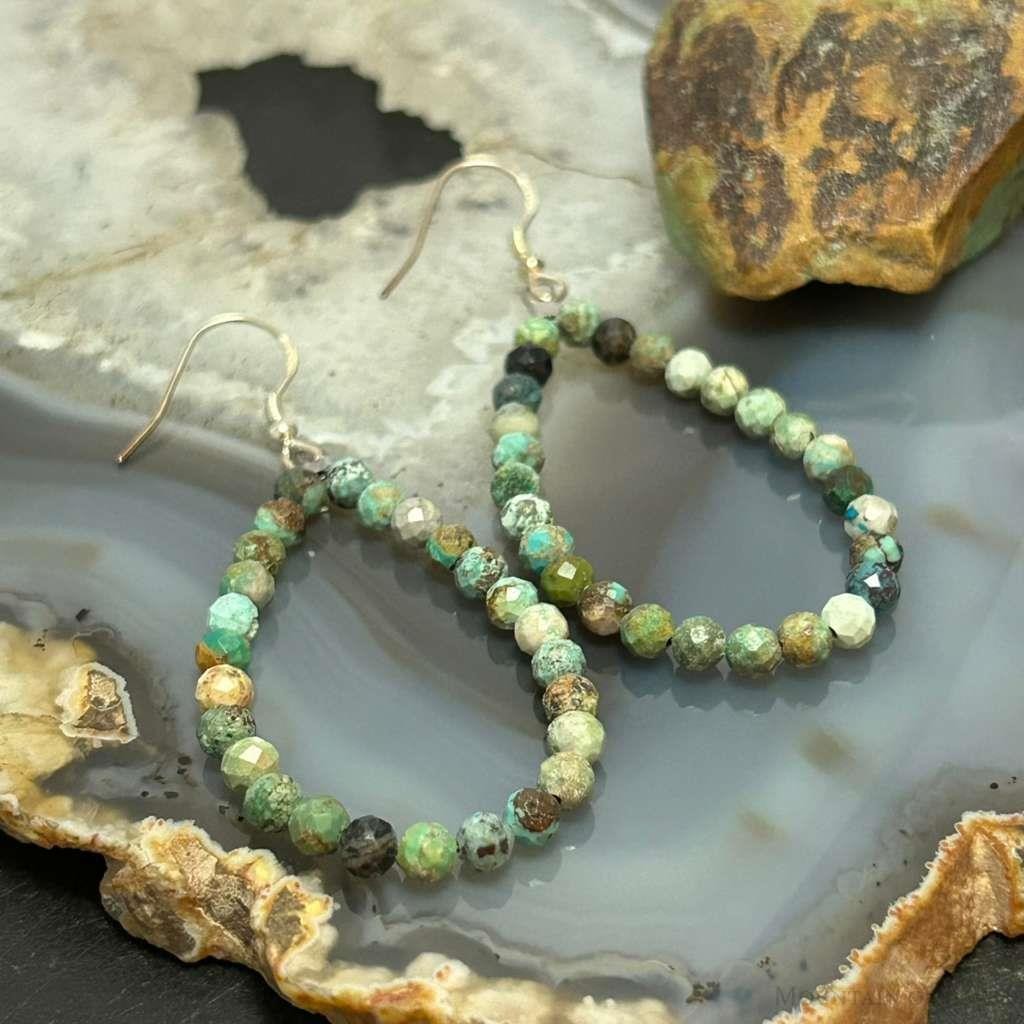 Sterling Silver Rounded Faceted Hubei Turquoise Hoop Dangle Earrings For Women