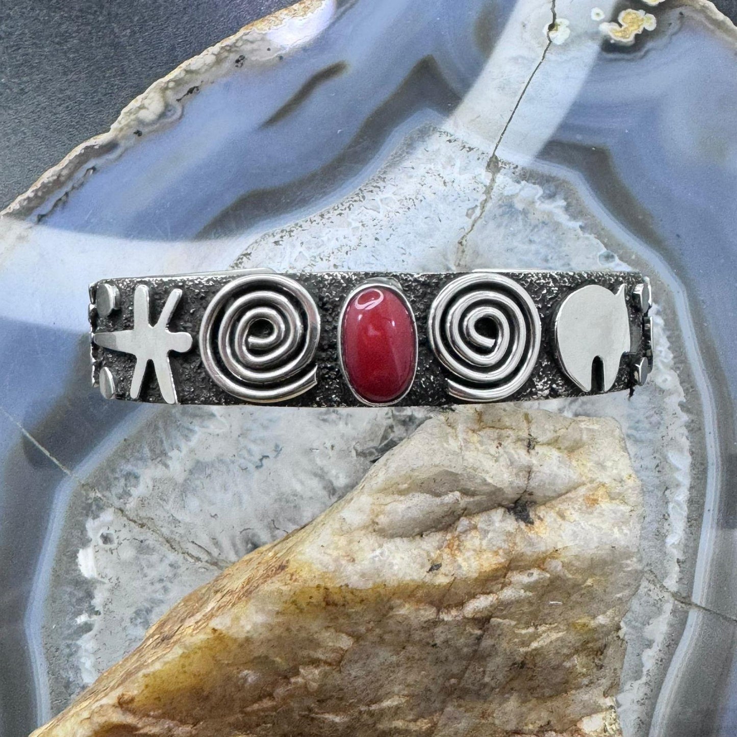 Alex Sanchez Native American Sterling  Silver Petroglyph Coral Bracelet For Women