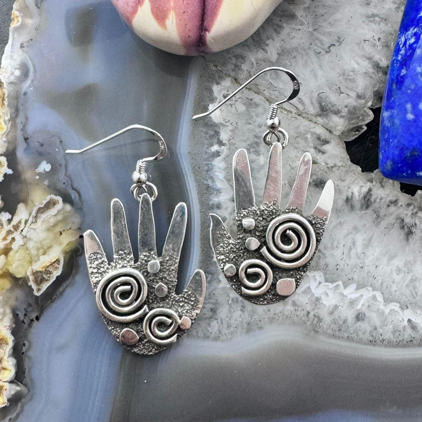 Alex Sanchez Sterling Silver Ancestors Hand Petroglyph Dangle Earrings For Women