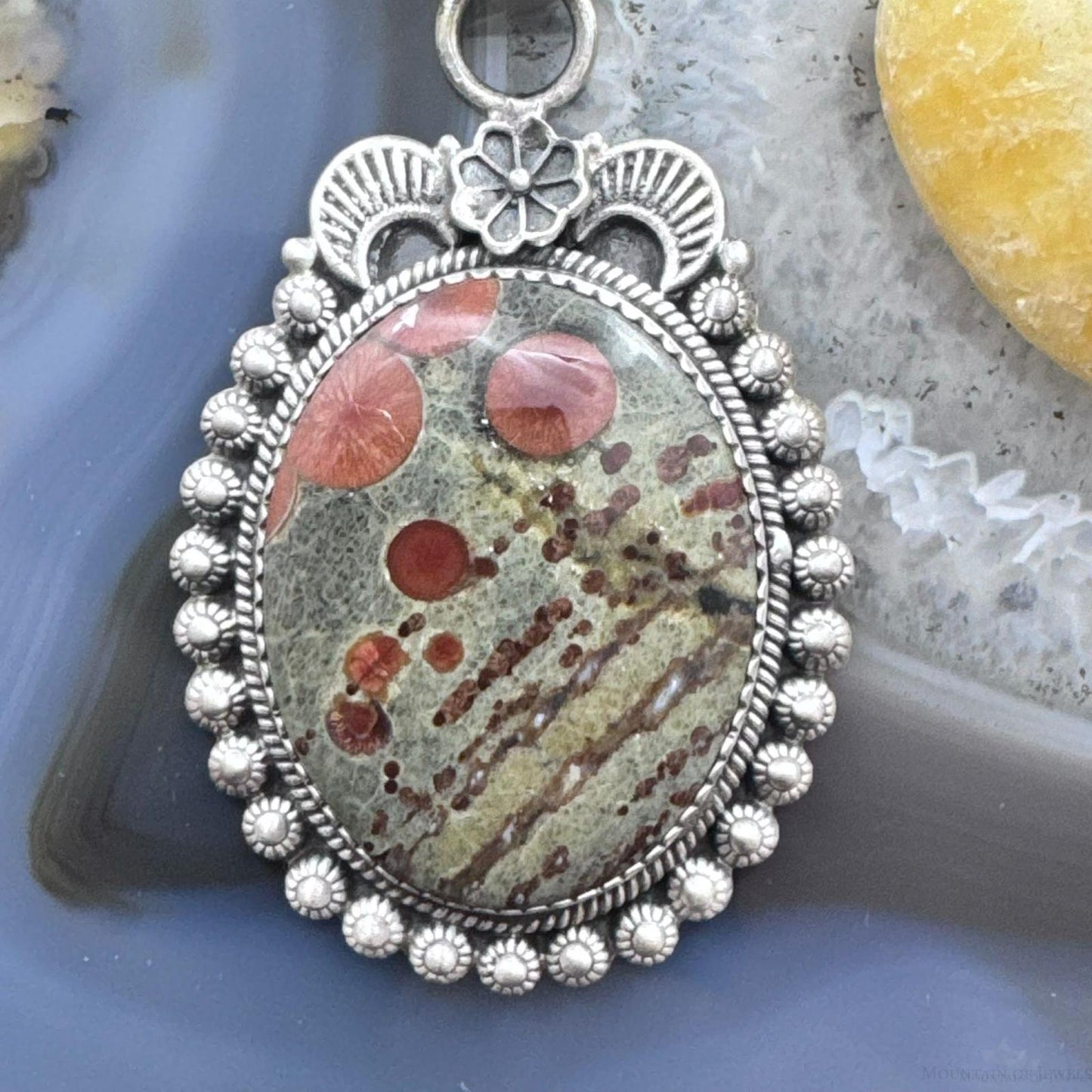 Sterling Silver Southwestern Style Oval Peanut Obsidian Decorated Pendant For Women