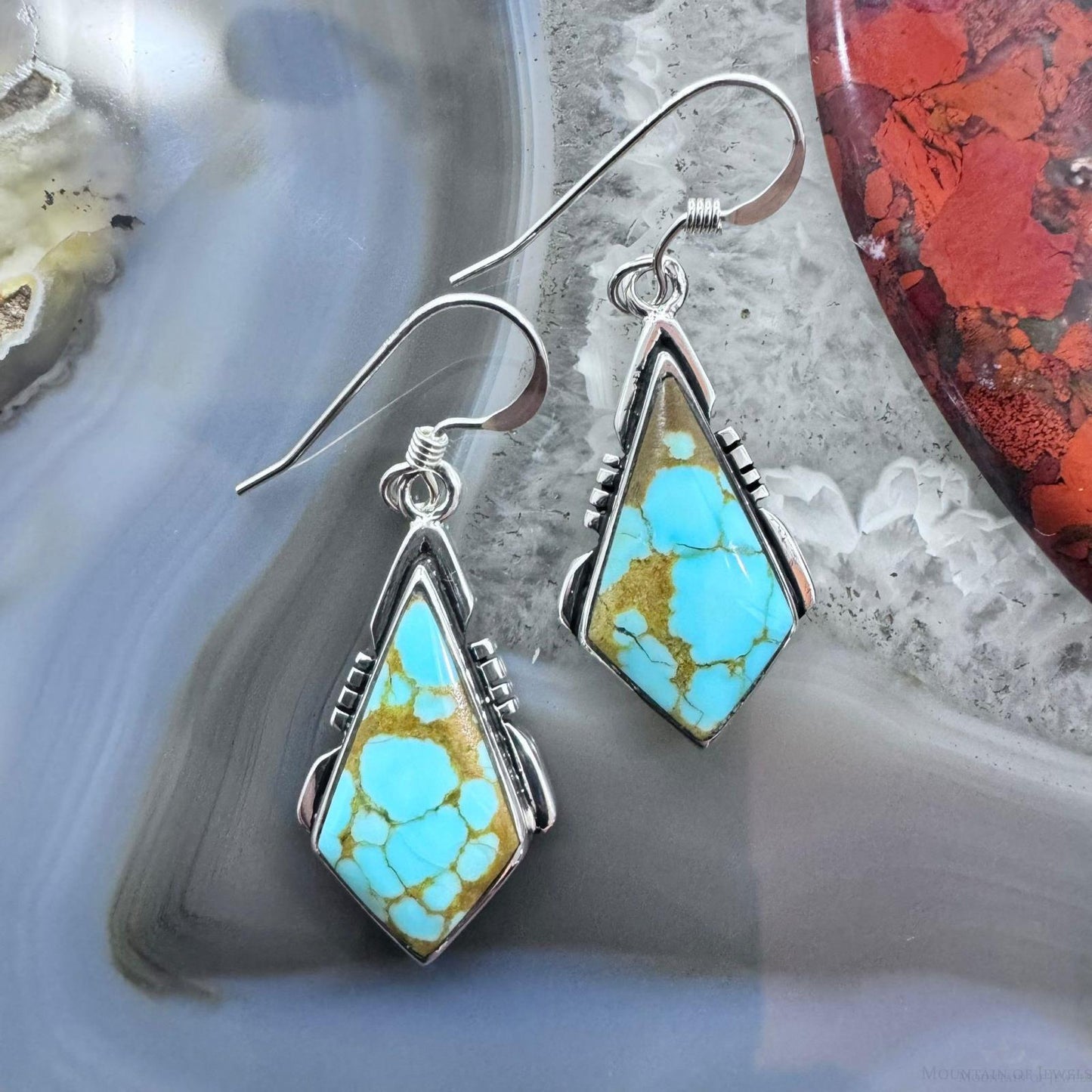 Native American Sterling Silver Kite Matrix Kingman Turquoise Dangle Earrings For Women