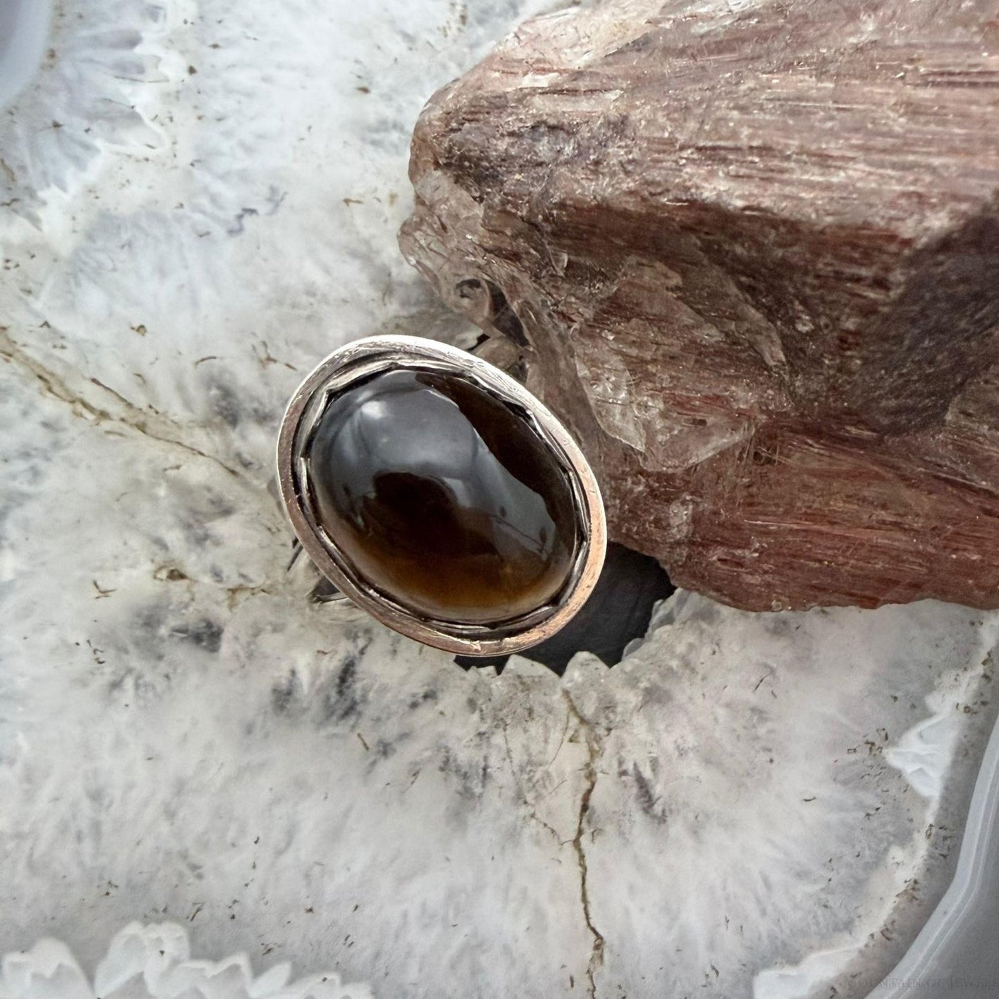 Sterling Silver Southwestern Style Oval Tiger's Eye Decorated Ring Size 8 For Women