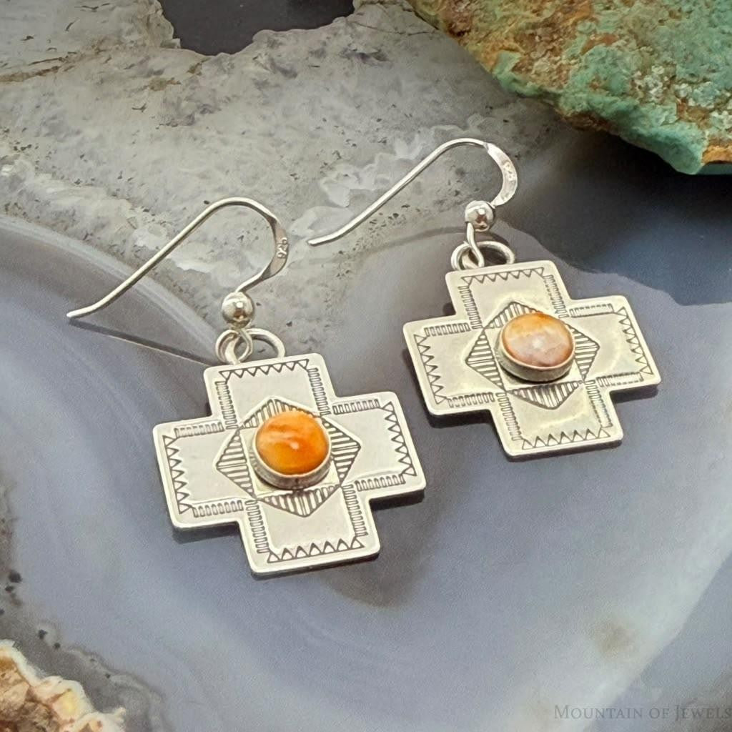 Vintage Signed Sterling Silver Spiny Oyster Stamped Cross Dangle Earrings For Women
