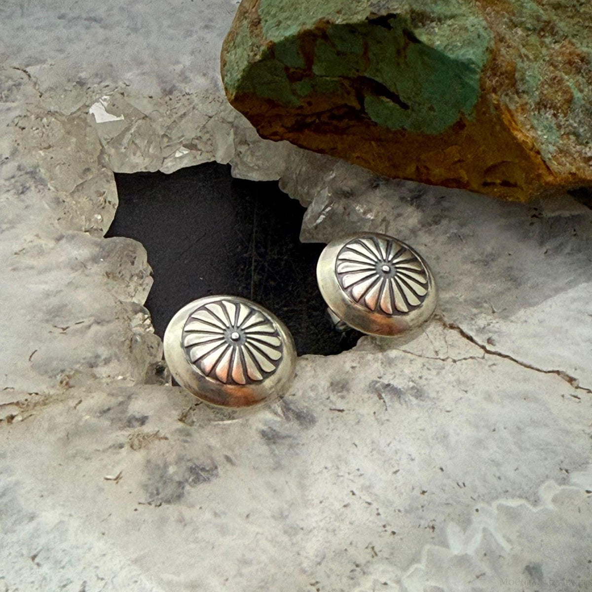 Native American Sterling Silver Round Stamped Concho Stud Earrings For Women